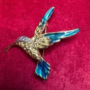 Brooch Elegant Gold and Blue Hummingbird Pin Bird